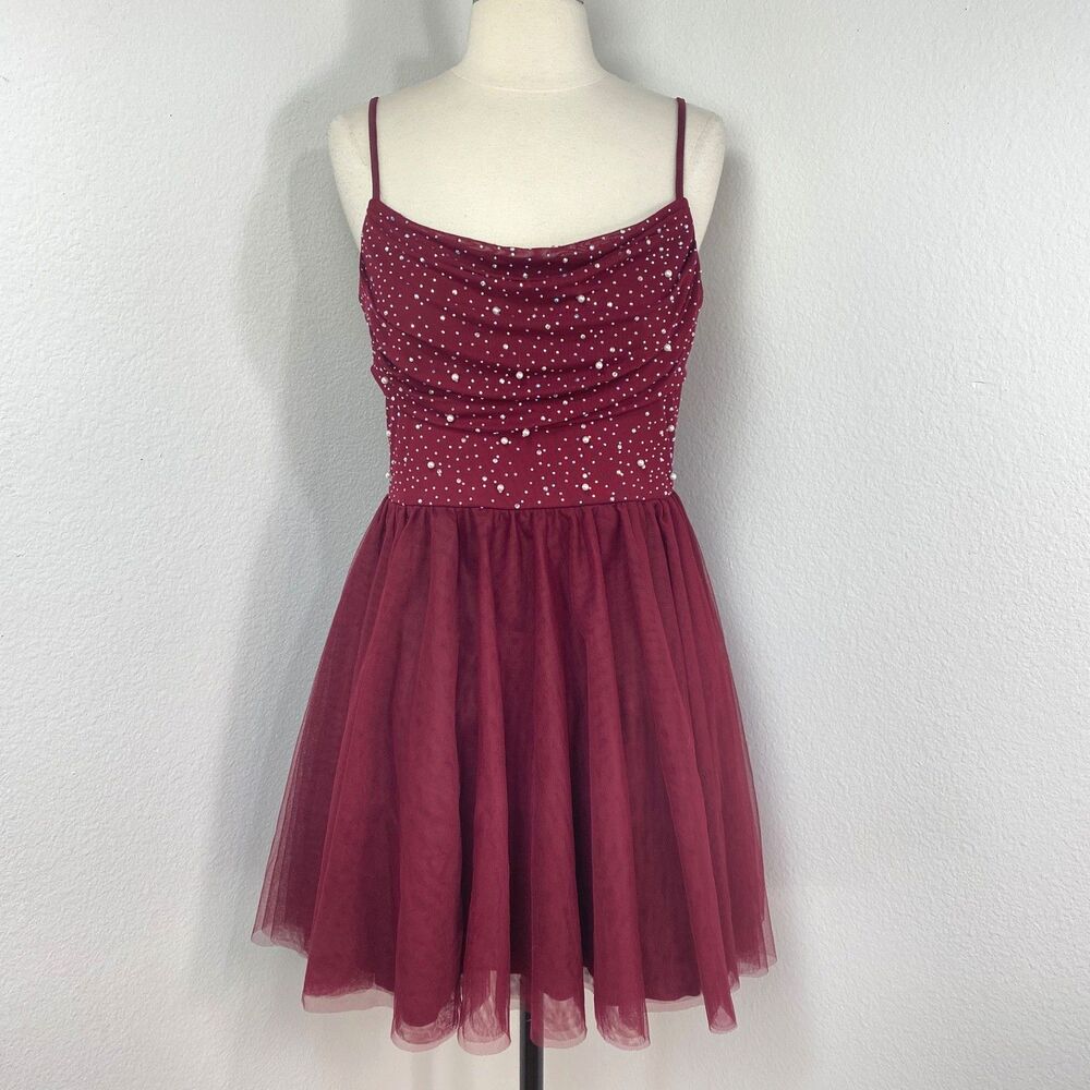 City Studio Fit + Flare Maroon Beaded Party Dress 11/12 Rhinestones Dance Formal